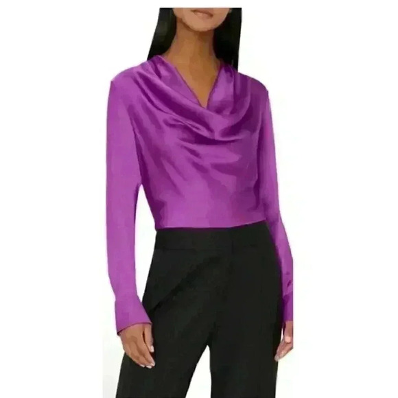 MILLY Nancy Asymmetrical Top Satin Cowl Neck Purple Blouse Top Size Small - Picture 4 of 13